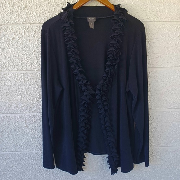 Chico's Sweaters - Chicos Travelers Black Ruffle Trim Open Front Cardigan Ribbed Knit Size 3 XL